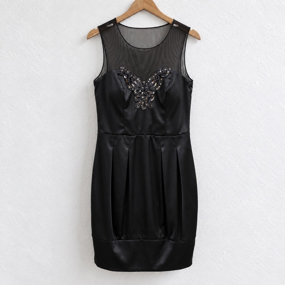 Bisou Bisou Michele Bohbot Black Satin Mesh Butterfly Sequin Cocktail Dress 4